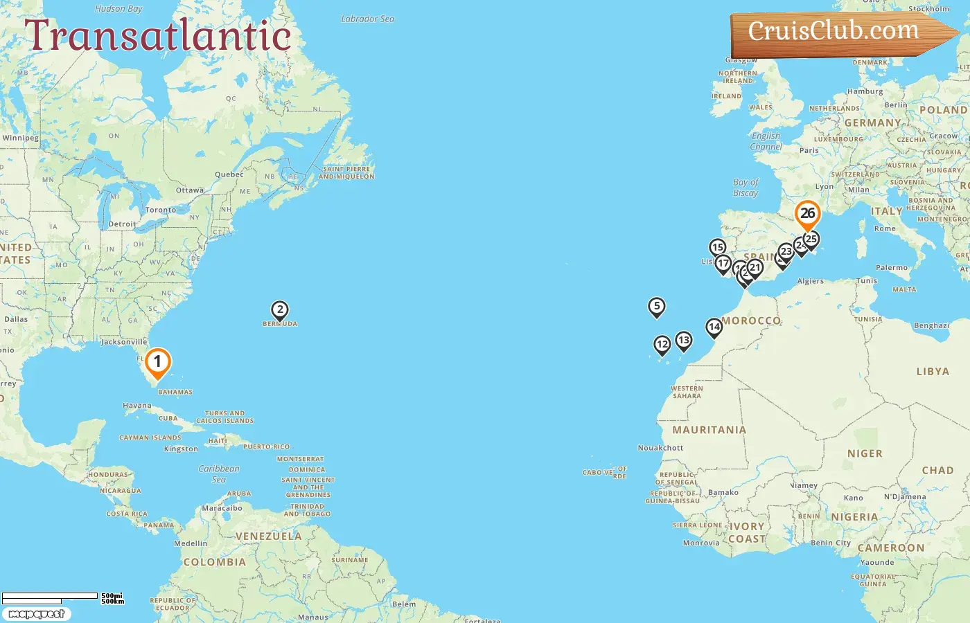 Cruise in the Transatlantic from Miami to Barcelona aboard Oceania Nautica ship with visits to USA, Bermuda, Spain, Morocco, Portugal, and Gibraltar for 26 days