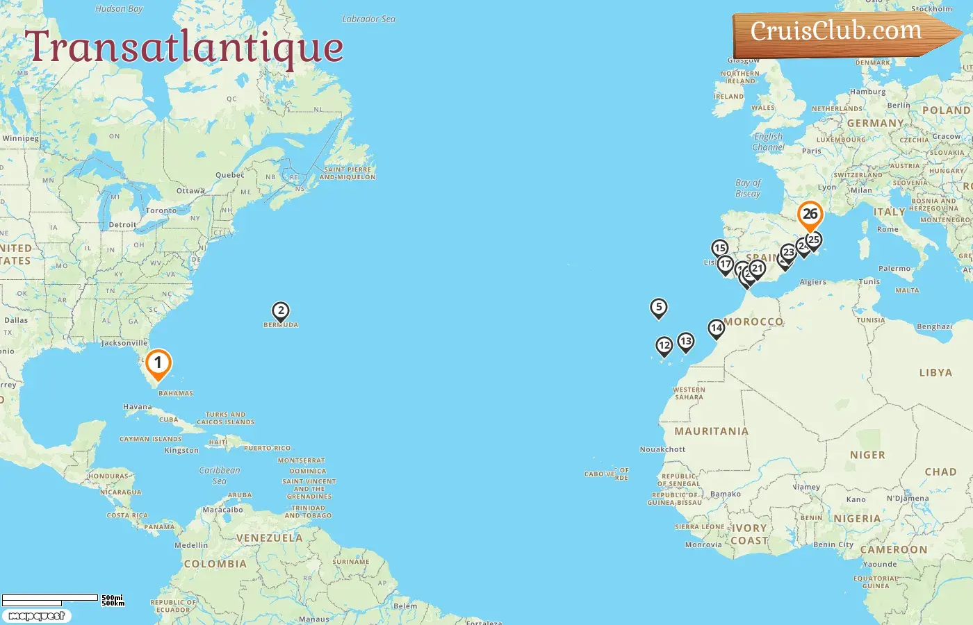 Croisière transatlantique de Miami à Barcelone à bord du navire Oceania Nautica avec des escales aux États-Unis, aux Bermudes, en Espagne, au Maroc, au Portugal et à Gibraltar pendant 26 jours