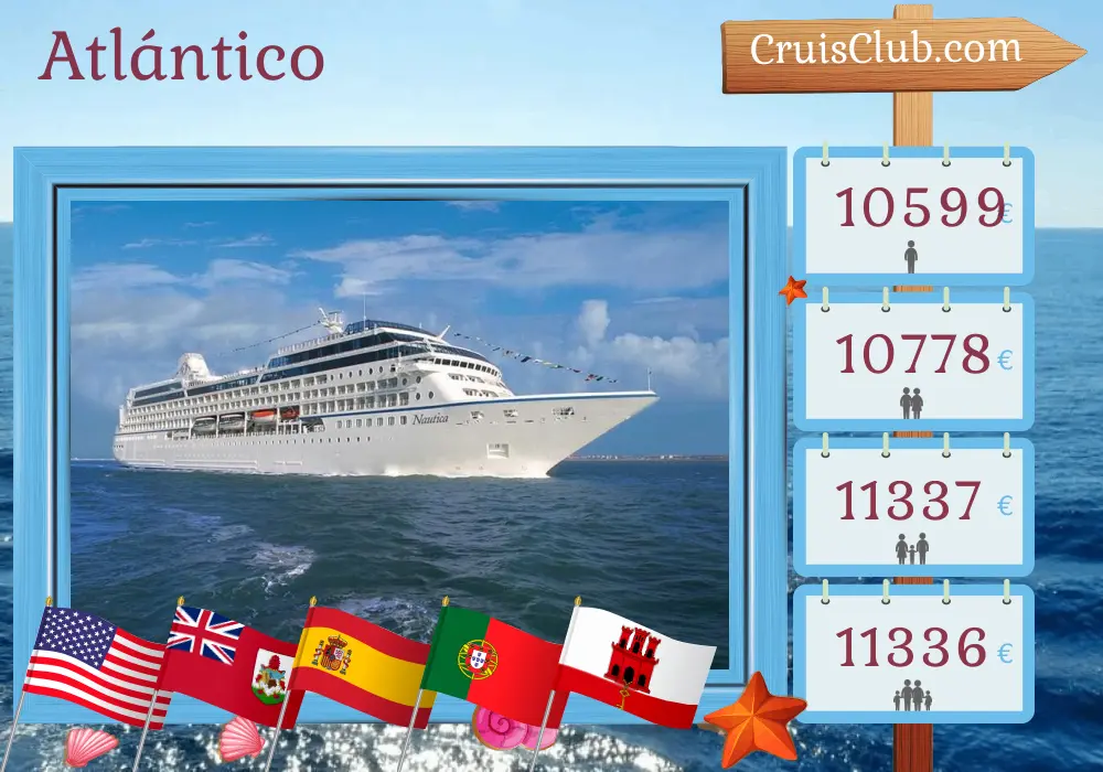 Crucero Transatlántico de Miami a Barcelona a bordo del barco Oceania Nautica con visitas a EE. UU., Bermudas, España, Marruecos, Portugal y Gibraltar durante 26 días