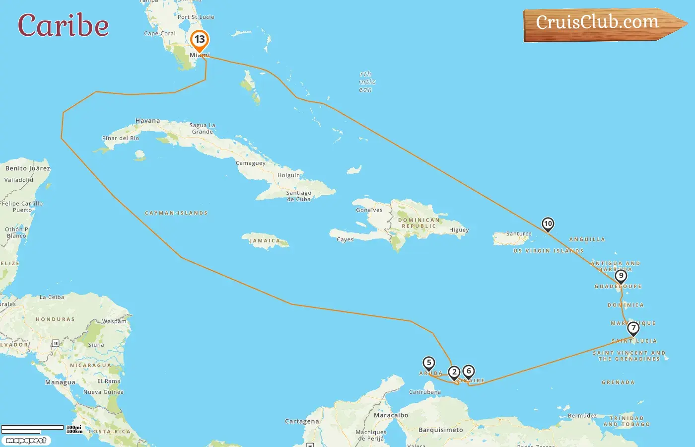 Crucero por el Caribe desde Miami a bordo del barco Oceania Nautica con visitas a EE.UU., Curazao, Aruba, Guadalupe e Islas Vírgenes Británicas durante 13 días