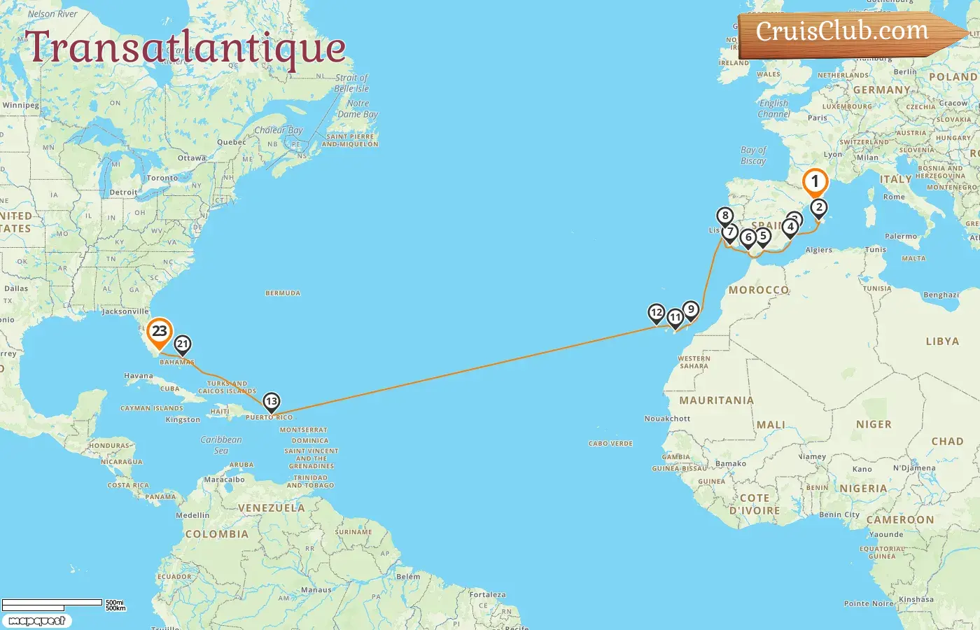 Croisière transatlantique de Barcelone à Miami à bord du navire Oceania Insignia avec des visites en Espagne, au Portugal, à Porto Rico, aux Bahamas et aux États-Unis pendant 23 jours