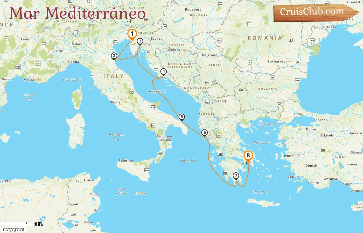 Crucero por el Mediterráneo desde Trieste a El Pireo a bordo del barco Oceania Allura con visitas a Italia, Croacia y Grecia durante 8 días