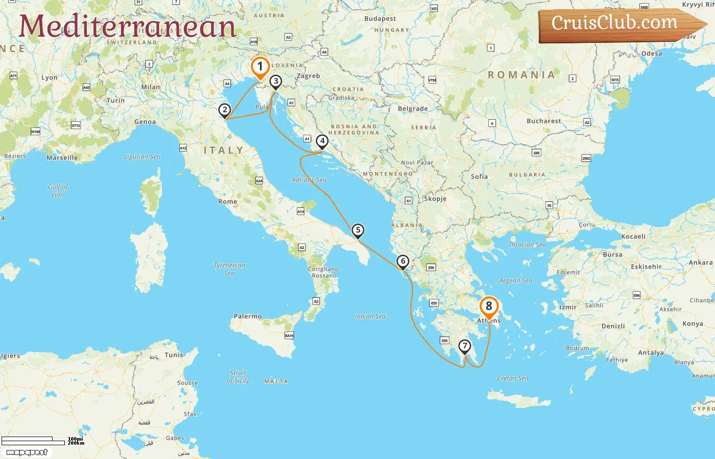 Cruise in the Mediterranean from Trieste to Piraeus aboard Oceania Allura ship with visits to Italy, Croatia, and Greece for 8 days