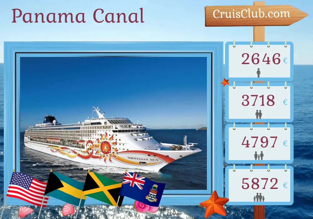 Cruise in the Panama Canal from Miami aboard Norwegian Sun ship with visits to USA, Bahamas, Colombia, Panama, Costa Rica, Jamaica, and Cayman Islands for 12 days