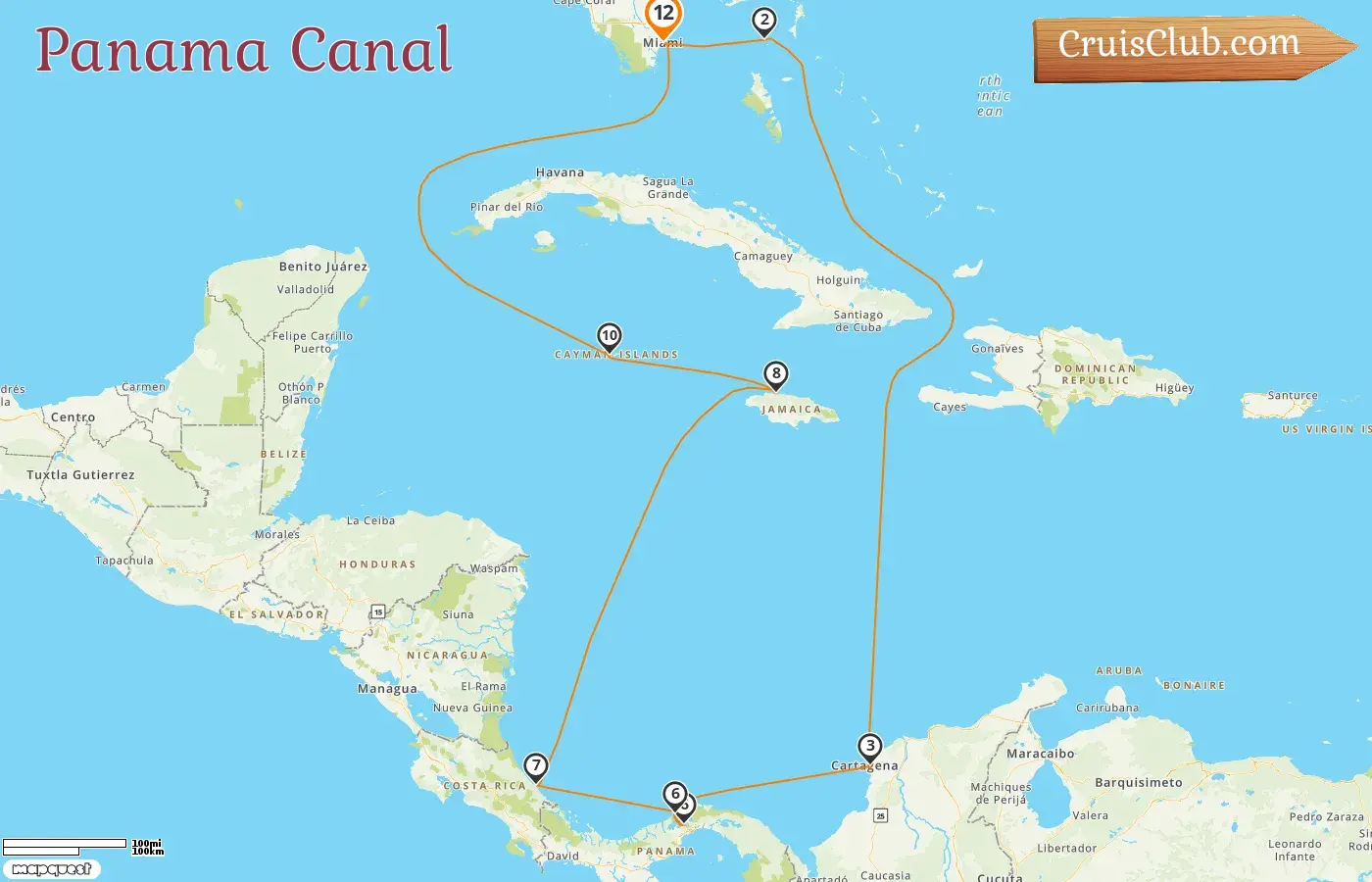 Cruise in the Panama Canal from Miami aboard Norwegian Sun ship with visits to USA, Bahamas, Colombia, Panama, Costa Rica, Jamaica, and Cayman Islands for 12 days