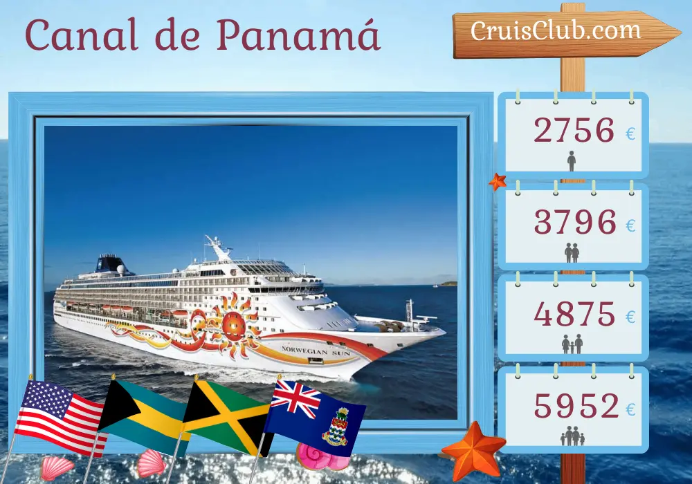 Crucero por el Canal de Panamá desde Miami a bordo del barco Norwegian Sun con visitas a Estados Unidos, Bahamas, Colombia, Panamá, Costa Rica, Jamaica e Islas Caimán por 12 días