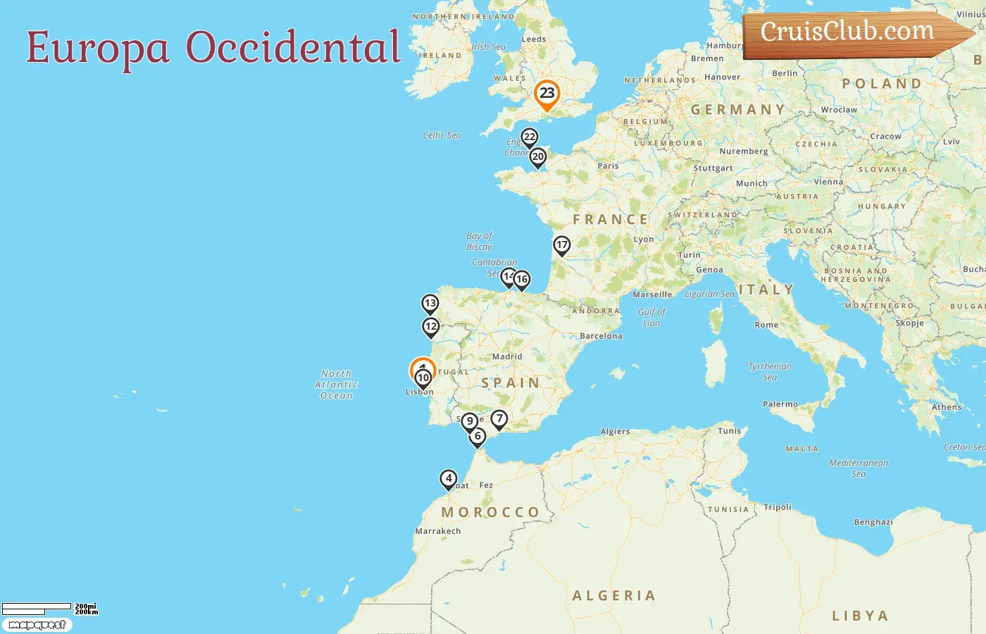 Crucero en Europa Occidental de Lisboa a Southampton a bordo del barco Silver Spirit con visitas a España, Marruecos, Francia y Guernsey durante 23 días