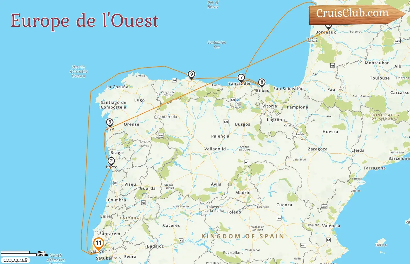 Croisière en Europe de l`Ouest au départ de Lisbonne à bord du navire Silver Spirit avec des escales en Espagne et en France pendant 11 jours