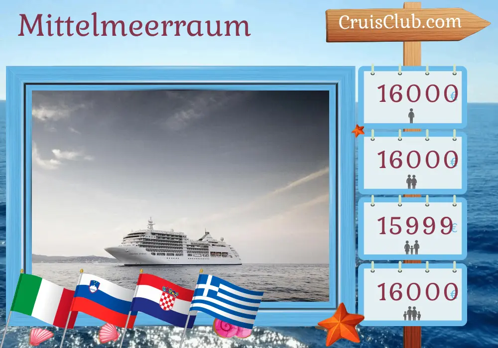 Kreuzfahrt im Mittelmeer von Venedig nach Piräus an Bord des Schiffes Silver Spirit mit Stopps in Italien, Slowenien, Kroatien und Griechenland für 11 Tage
