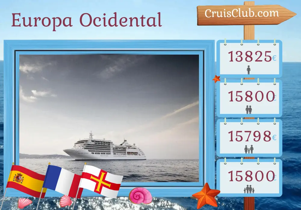Cruzeiro na Europa Ocidental de Lisboa a Southampton a bordo do navio Silver Spirit com visitas à Espanha, França e Guernsey por 13 dias