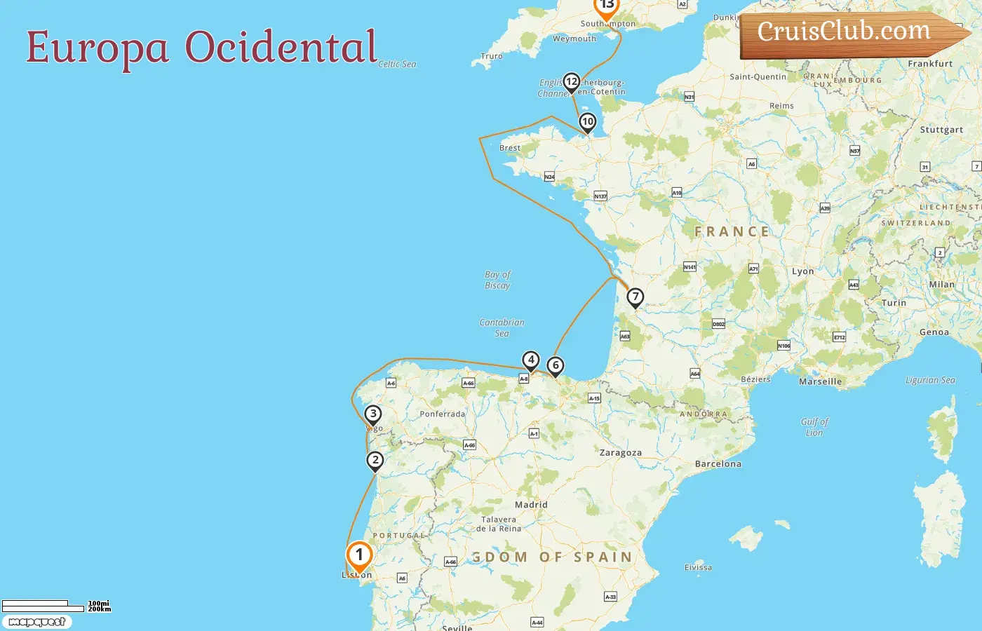 Cruzeiro na Europa Ocidental de Lisboa a Southampton a bordo do navio Silver Spirit com visitas à Espanha, França e Guernsey por 13 dias