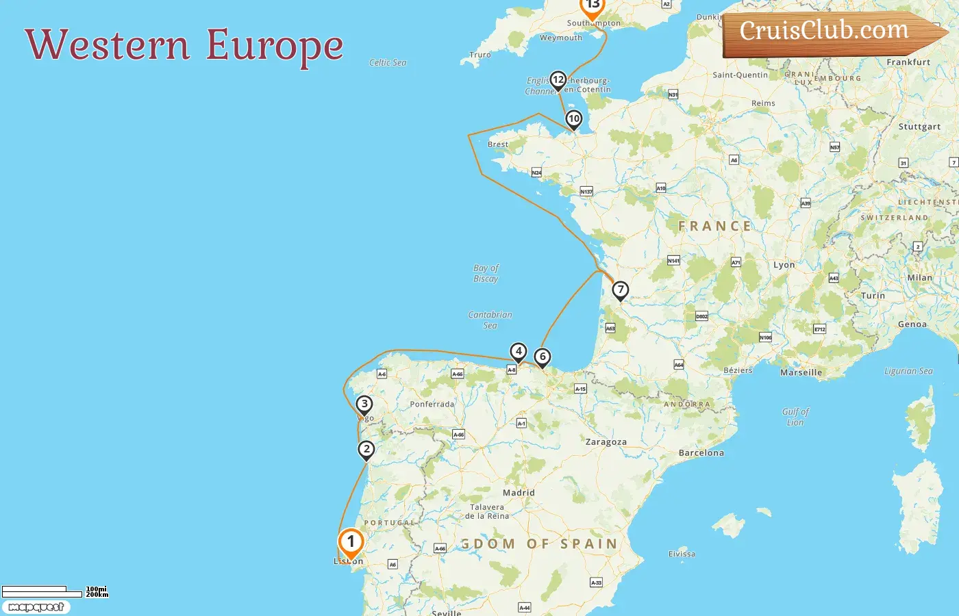 Cruise in the Western Europe from Lisbon to Southampton aboard Silver Spirit ship with visits to Spain, France, and Guernsey for 13 days
