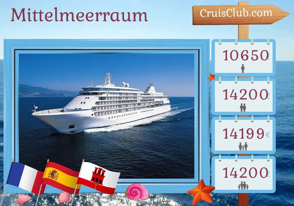 Kreuzfahrt im Mittelmeer von Nizza nach Lissabon an Bord des Schiffes Silver Shadow mit Besuchen in Frankreich, Spanien und Gibraltar für 11 Tage