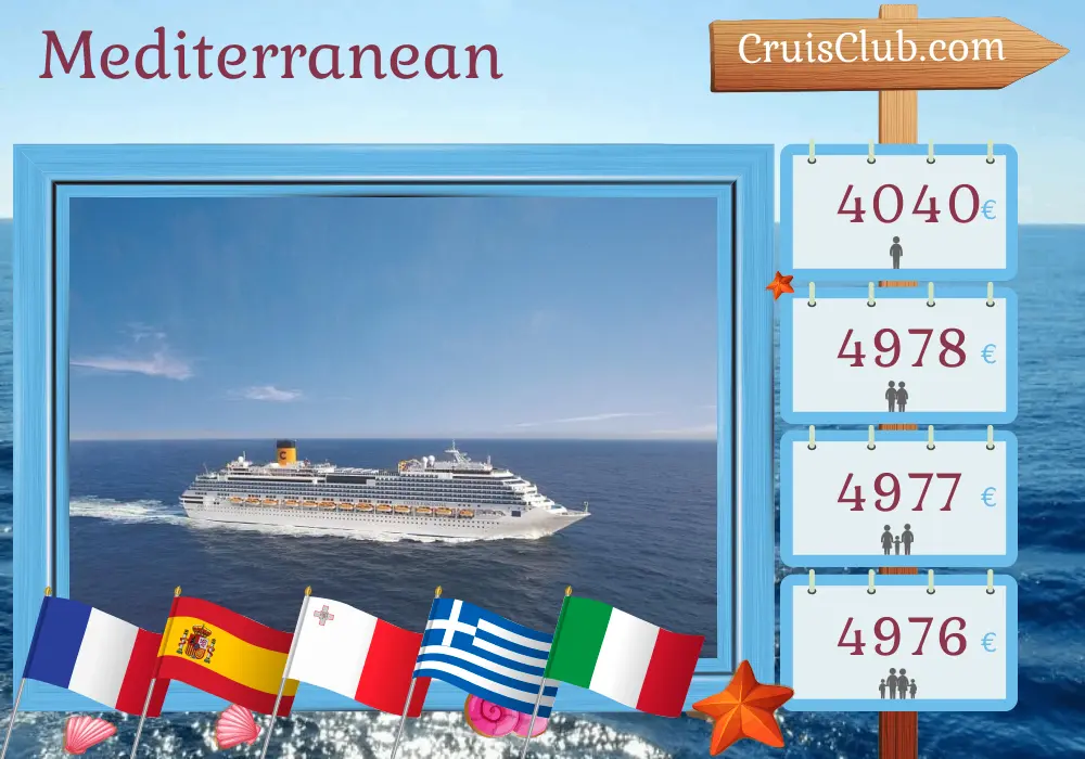Cruise in the Mediterranean from Marseille aboard Costa Fascinosa ship with visits to France, Spain, Malta, Greece, and Italy for 17 days