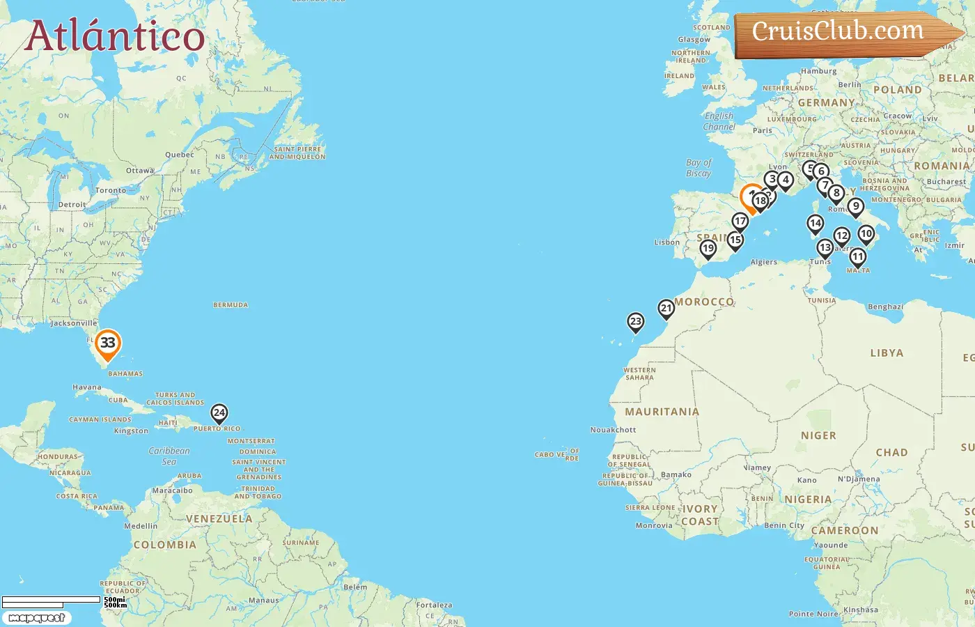 Crucero en el Transatlántico de Tarragona a Miami a bordo del barco Oceania Allura con visitas a España, Francia, Italia, Malta, Túnez, Marruecos, Puerto Rico y EE. UU. durante 33 días