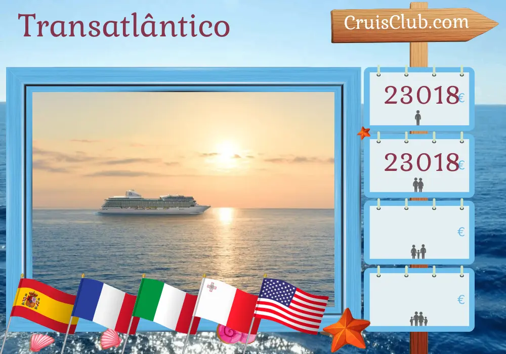 Cruzeiro no Transatlântico de Tarragona para Miami a bordo do navio Oceania Allura com visitas à Espanha, França, Itália, Malta, Tunísia, Marrocos, Porto Rico e EUA por 33 dias