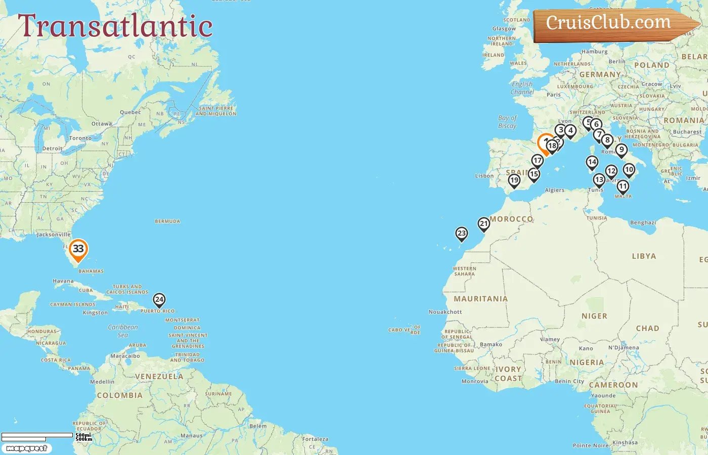 Cruise in the Transatlantic from Tarragona to Miami aboard Oceania Allura ship with visits to Spain, France, Italy, Malta, Tunisia, Morocco, Puerto Rico, and USA for 33 days