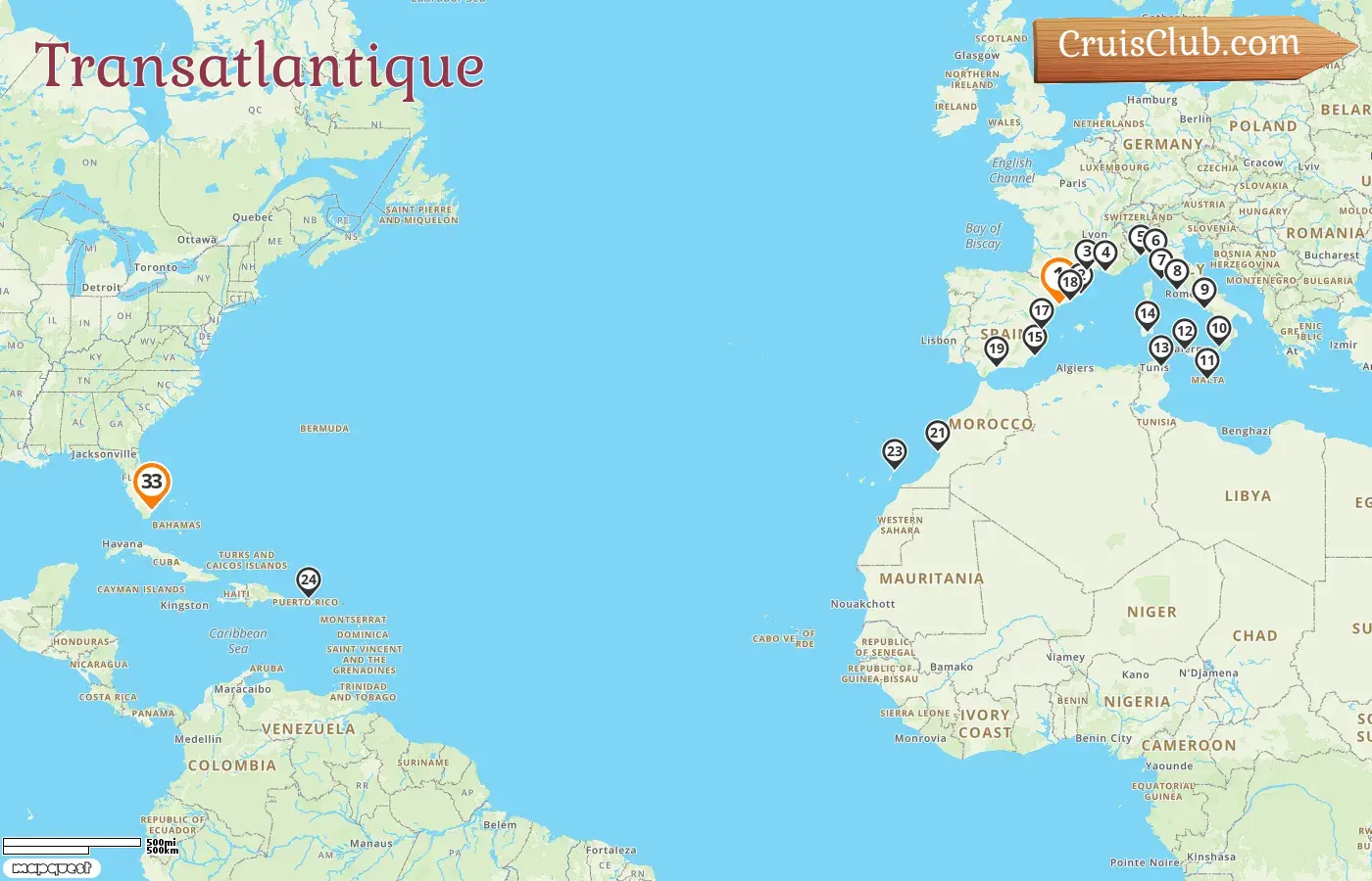 Croisière transatlantique de Tarragone à Miami à bord du navire Oceania Allura avec des visites en Espagne, en France, en Italie, à Malte, en Tunisie, au Maroc, à Porto Rico et aux États-Unis pendant 33 jours