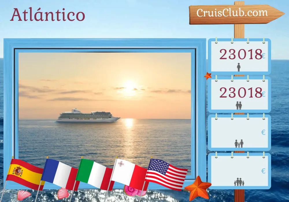 Crucero en el Transatlántico de Tarragona a Miami a bordo del barco Oceania Allura con visitas a España, Francia, Italia, Malta, Túnez, Marruecos, Puerto Rico y EE. UU. durante 33 días