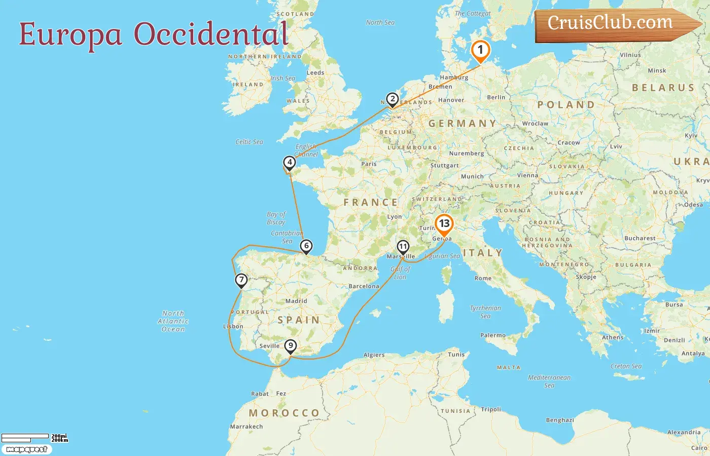 Crucero por Europa Occidental desde Warnemünde hasta Génova a bordo del barco MSC Magnifica con visitas a Alemania, Francia, España e Italia durante 13 días