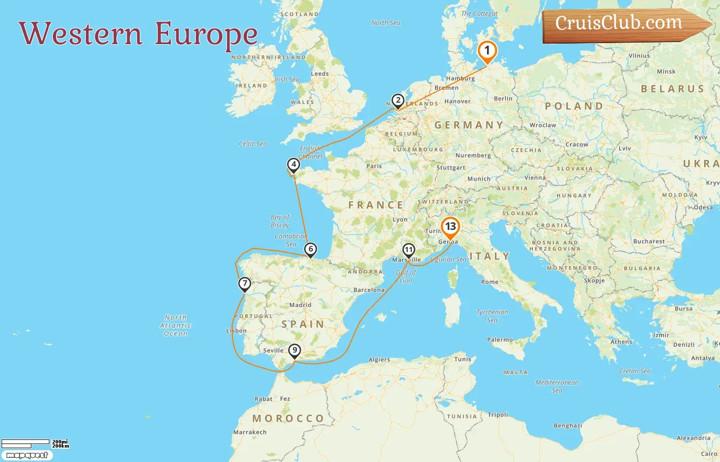 Western Europe Cruise from Warnemünde to Genoa on board the MSC Magnifica with stops in Germany, France, Spain, and Italy for 13 days