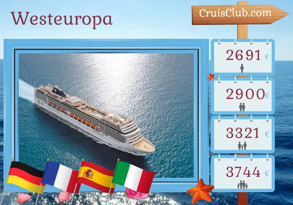 Kreuzfahrt im westeuropäischen Raum von Warnemünde nach Genua an Bord des Schiffes MSC Magnifica mit Stopps in Deutschland, Frankreich, Spanien und Italien für 13 Tage