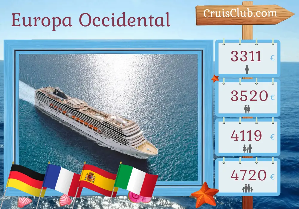 Crucero por Europa Occidental desde Warnemünde hasta Génova a bordo del barco MSC Magnifica con visitas a Alemania, Francia, España e Italia durante 13 días