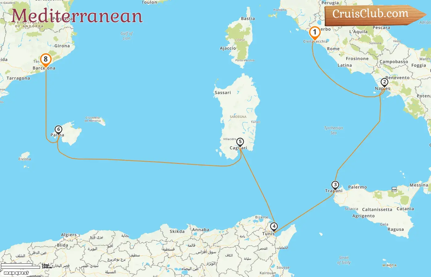 Cruise in the Mediterranean from Civitavecchia to Barcelona aboard Silver Nova ship with visits to Italy, Tunisia, and Spain for 8 days