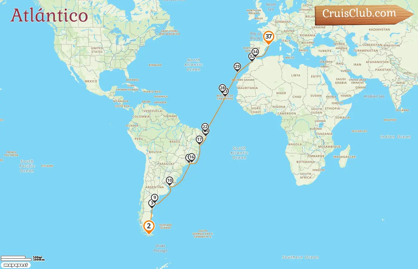 Crucero por el Atlántico desde Ushuaia a Barcelona a bordo del barco Seabourn Venture con visitas a Argentina, Uruguay, Brasil, España y Marruecos por 37 días