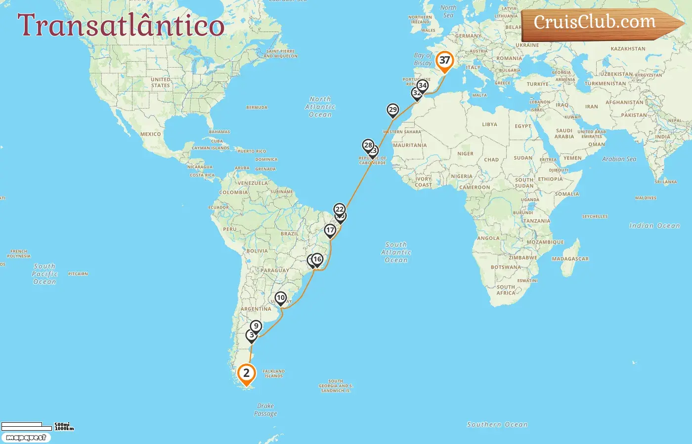 Cruzeiro no Transatlântico de Ushuaia a Barcelona a bordo do navio Seabourn Venture com visitas à Argentina, Uruguai, Brasil, Espanha e Marrocos por 37 dias