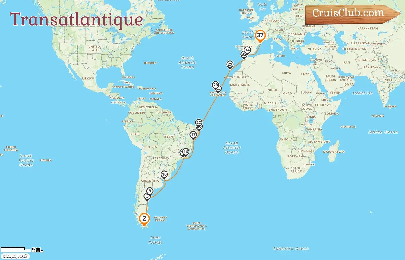Croisière en transatlantique d`Ushuaia à Barcelone à bord du navire Seabourn Venture avec escales en Argentine, en Uruguay, au Brésil, en Espagne et au Maroc pendant 37 jours