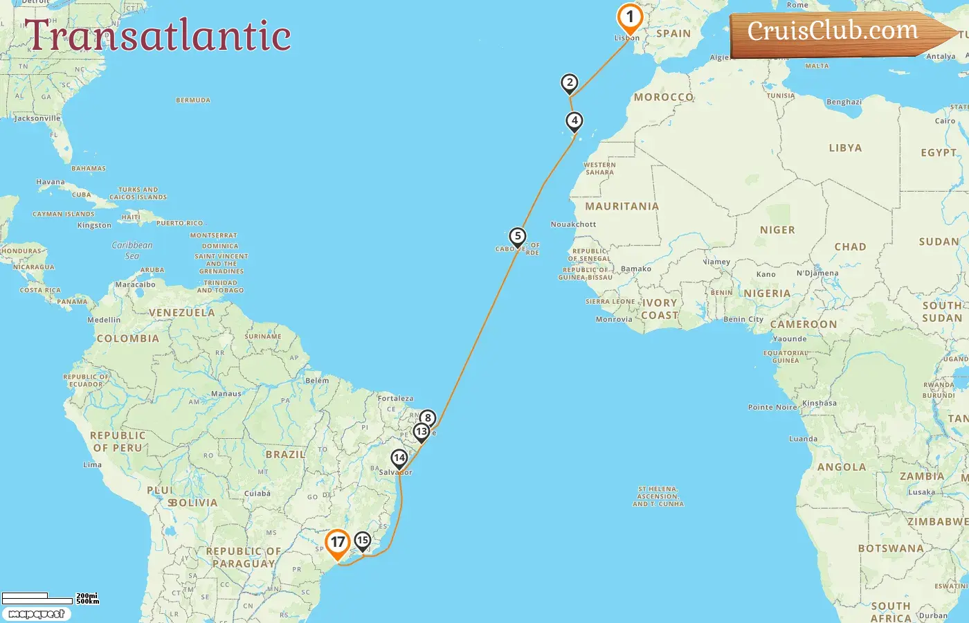 Cruise in the Transatlantic from Lisbon to Saints aboard Costa Favolosa ship with visits to Spain and Brazil for 17 days