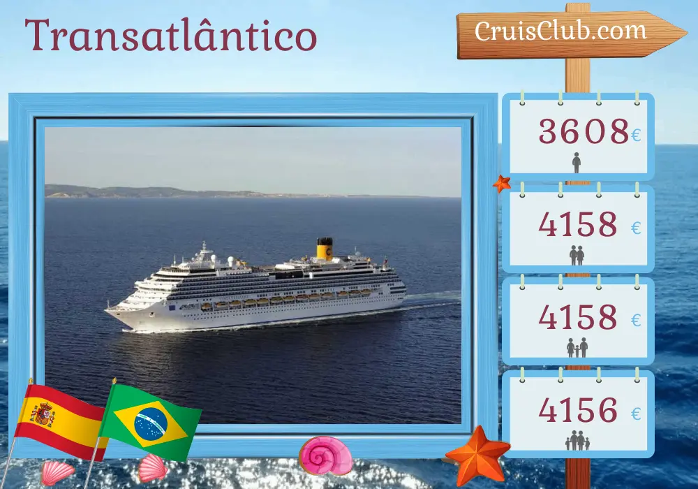 Cruzeiro no transatlântico de Lisboa para os Santos a bordo do navio Costa Favolosa com visitas à Espanha e ao Brasil por 17 dias