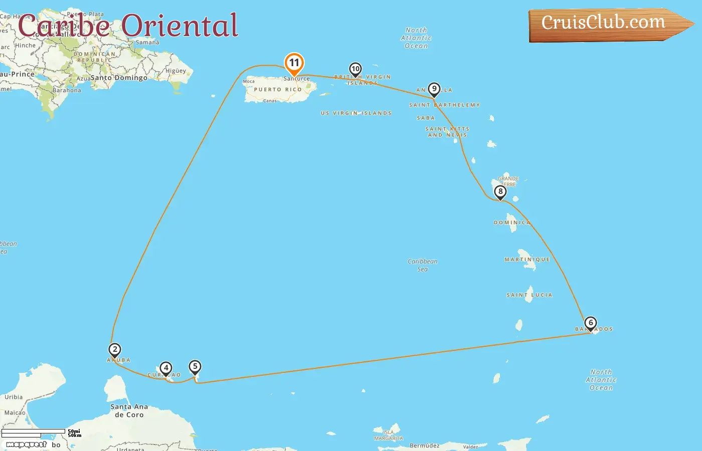 Crucero por el Caribe Oriental desde Saint John a bordo del barco EXPLORA I con visitas a Puerto Rico, Aruba, Curazao, Barbados, Guadalupe e Islas Vírgenes Británicas durante 11 días