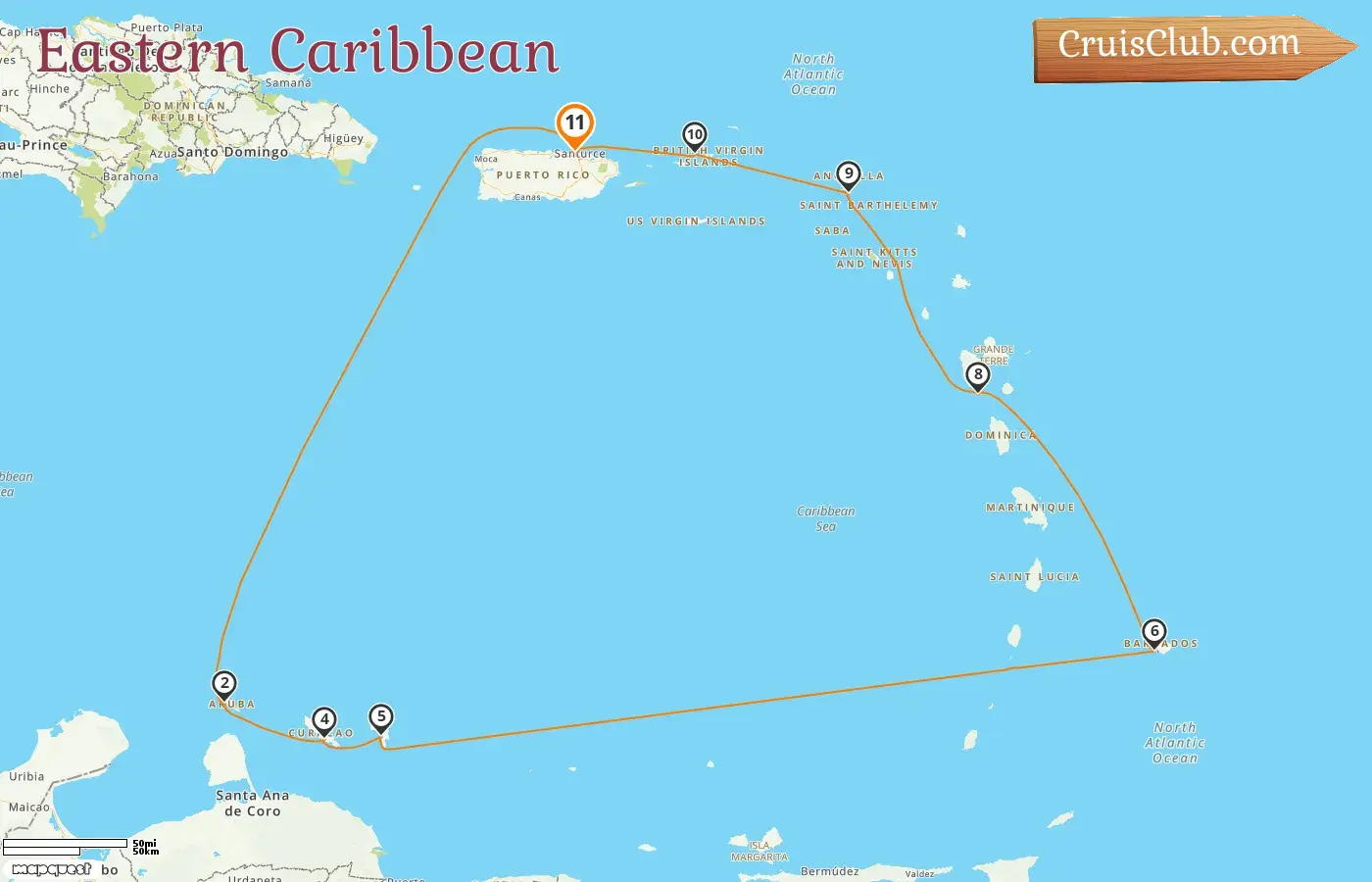 Cruise in the Eastern Caribbean from Saint John aboard EXPLORA I ship with visits to Puerto Rico, Aruba, Curaçao, Barbados, Guadeloupe, and British Virgin Islands for 11 days