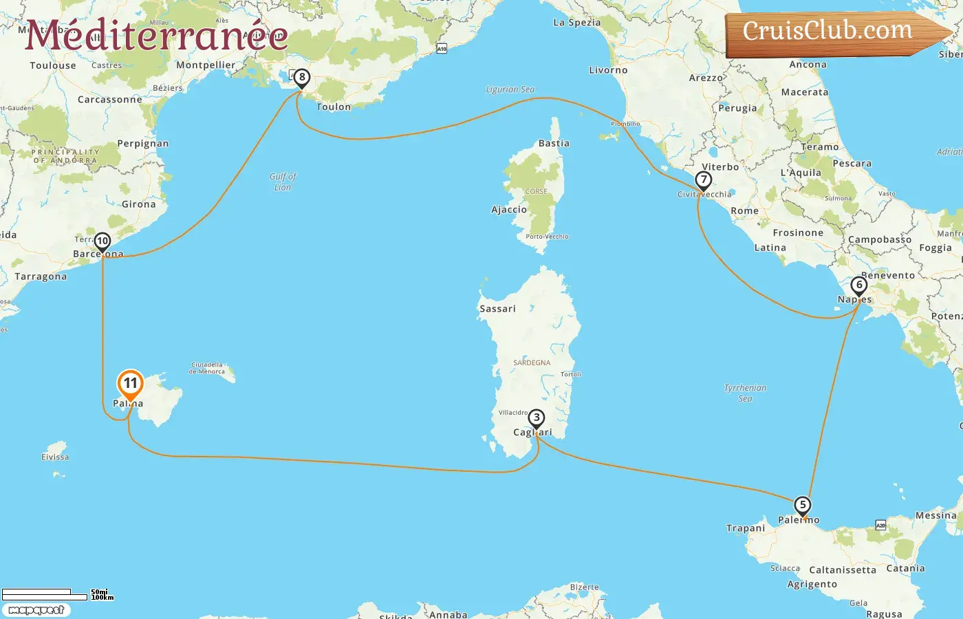 Croisière en Méditerranée au départ de Palma à bord du navire Mein Schiff Flow avec des visites en Espagne, en Italie et en France pendant 11 jours