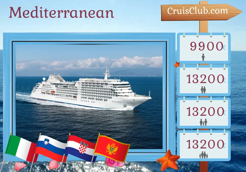 Cruise in the Mediterranean from Venice aboard Silver Muse ship with visits to Italy, Slovenia, Croatia, and Montenegro for 10 days