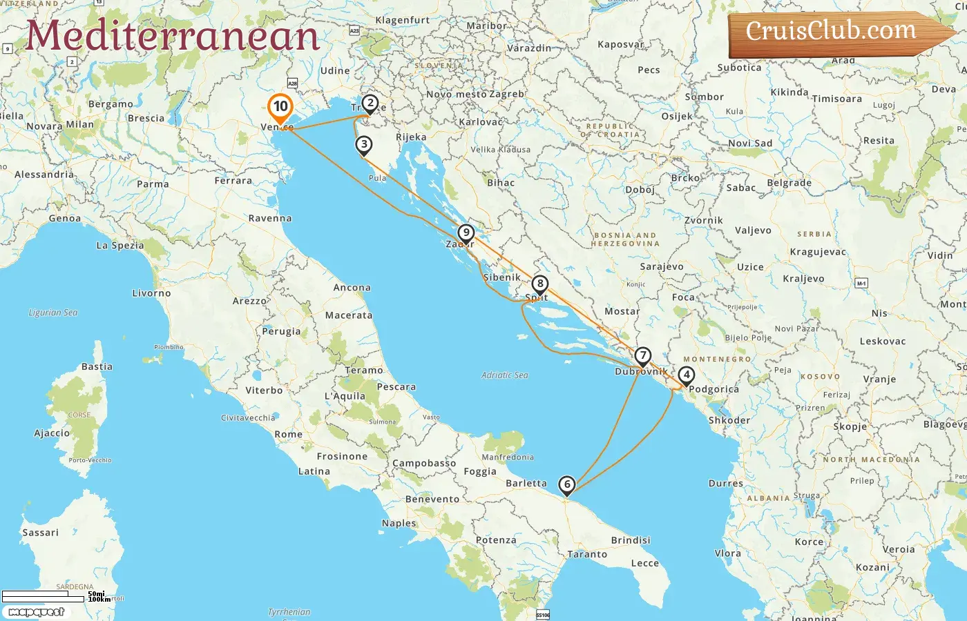 Cruise in the Mediterranean from Venice aboard Silver Muse ship with visits to Italy, Slovenia, Croatia, and Montenegro for 10 days