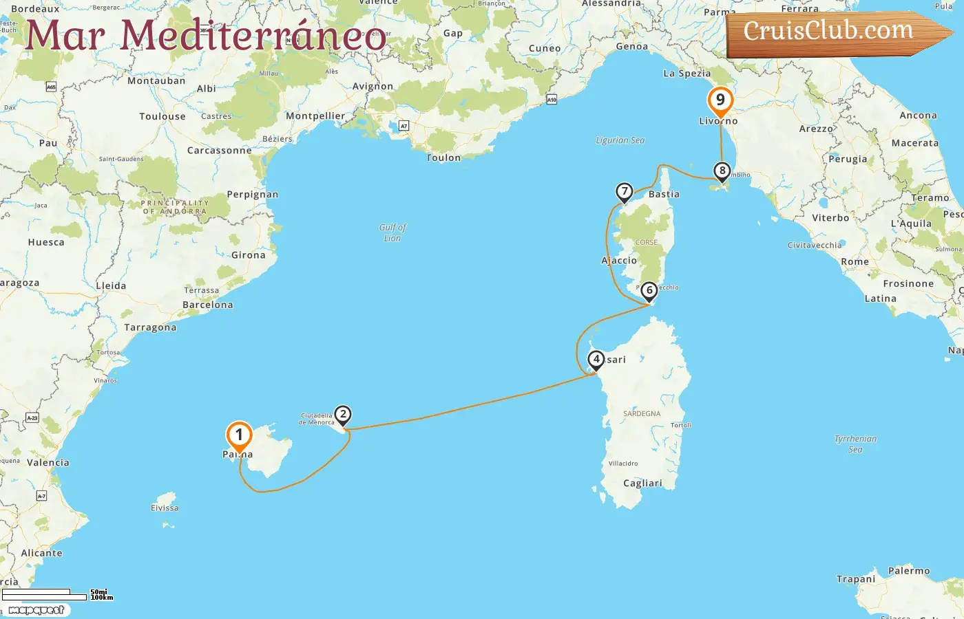 Crucero por el Mediterráneo de Palma a Livorno a bordo del barco Sea Cloud II con visitas a España, Italia y Francia durante 9 días