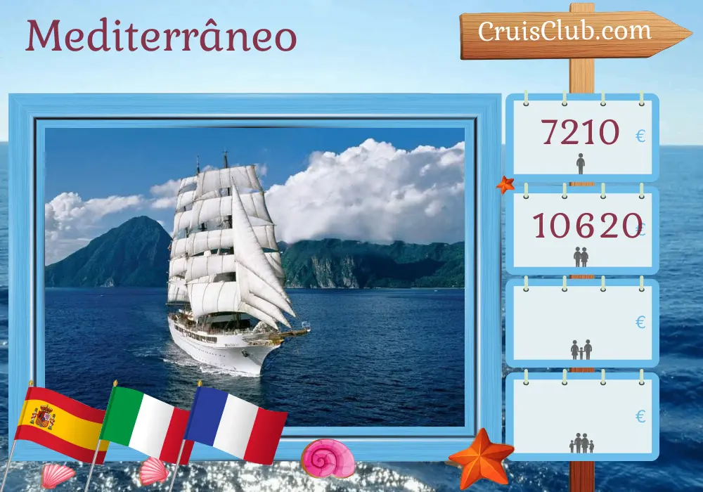 Cruzeiro no Mediterrâneo de Palma para Livorno a bordo do navio Sea Cloud II com visitas à Espanha, Itália e França por 9 dias