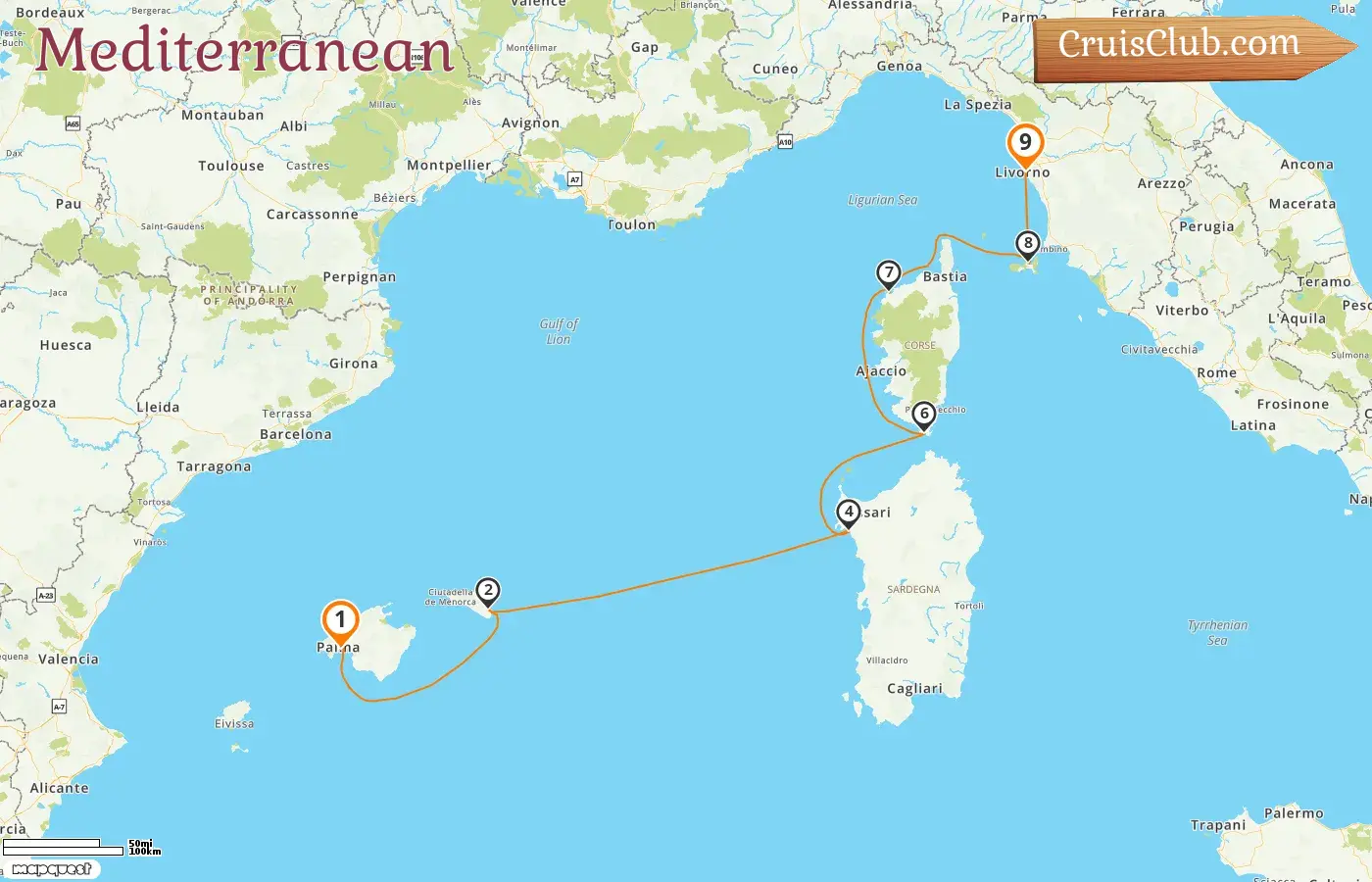 Cruise in the Mediterranean from Palma to Livorno aboard Sea Cloud II ship with visits to Spain, Italy, and France for 9 days