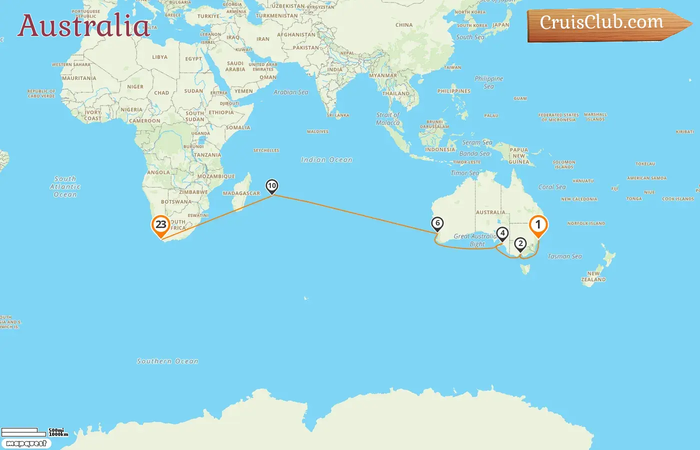 Cruise in the Australia from Sydney to Cape Town aboard Crown Princess ship with visits to Australia, Mauritius, and South Africa for 23 days
