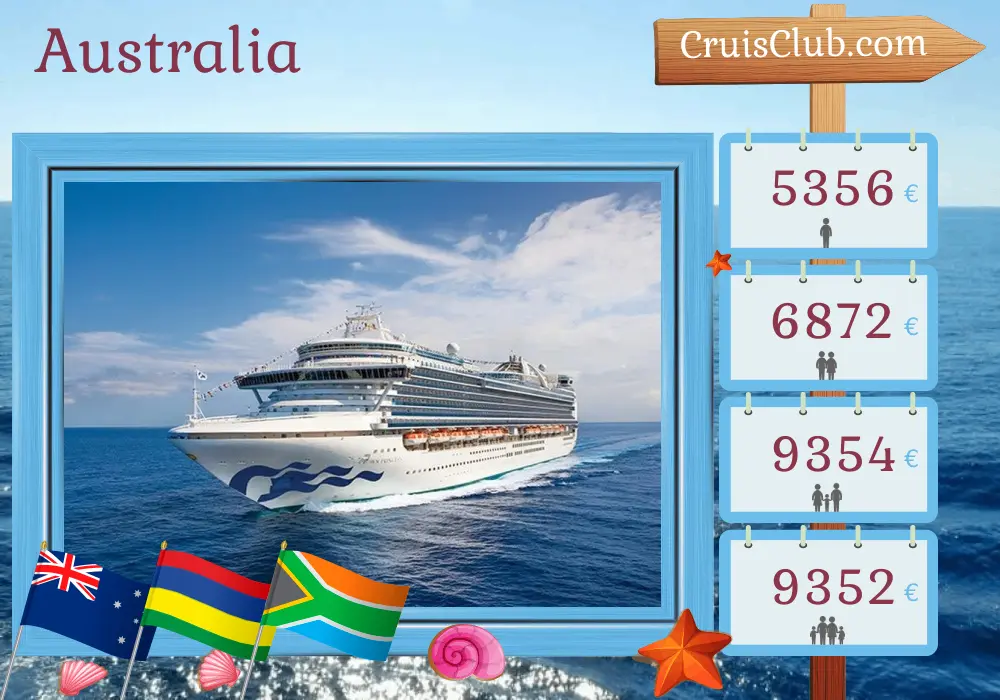 Crucero en Australia de Sídney a Ciudad del Cabo a bordo del barco Crown Princess con visitas a Australia, Mauricio y Sudáfrica durante 23 días