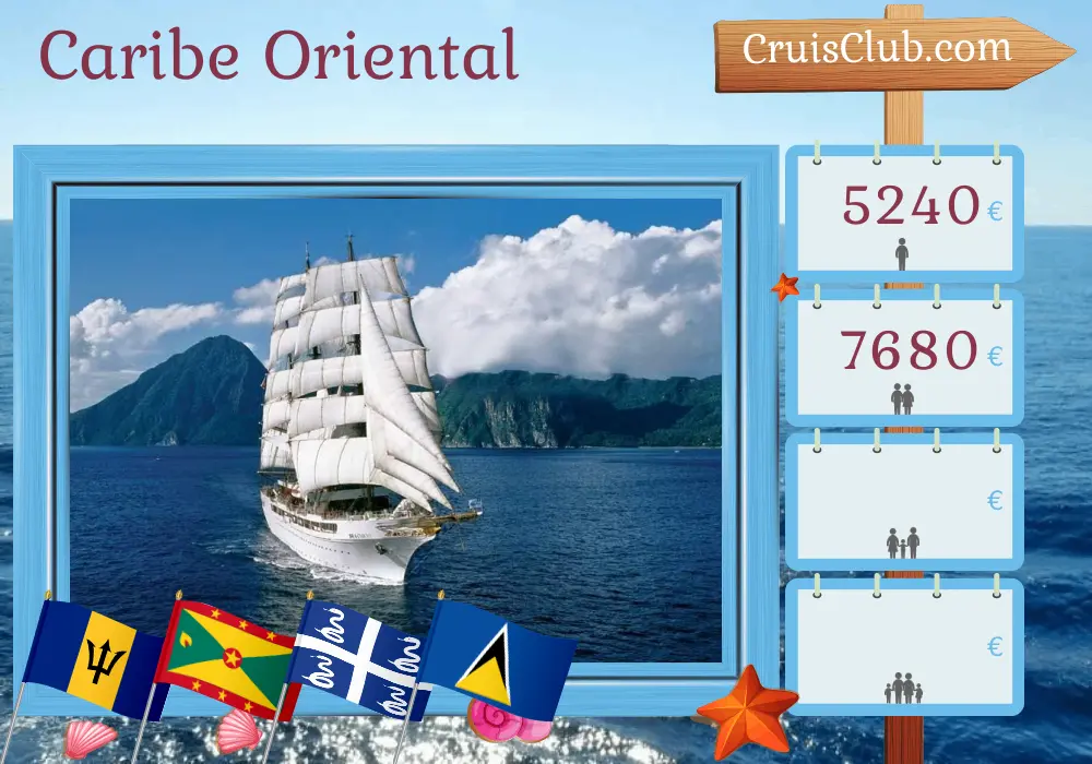Crucero por el Caribe Oriental desde Bridgetown a bordo del barco Sea Cloud II con visitas a Barbados, San Vicente y las Granadinas, Granada, Martinica y Santa Lucía durante 8 días