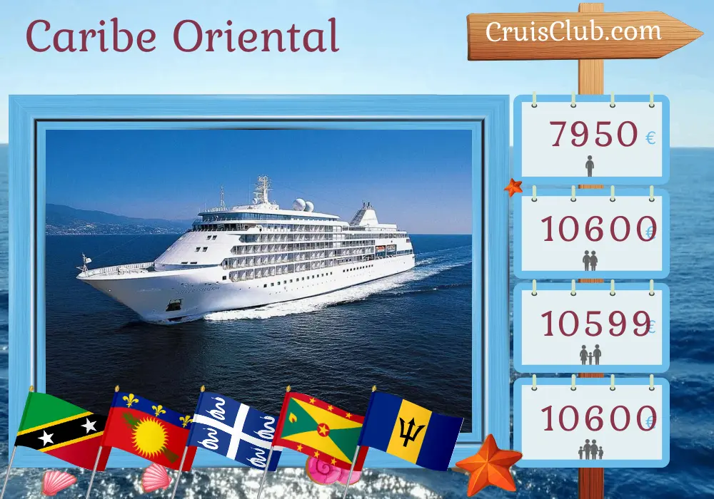 Cruzeiro no Caribe Oriental de Saint John para Bridgetown a bordo do navio Silver Shadow com visitas a Porto Rico, Ilhas Virgens Britânicas, Saint Barthélemy, São Cristóvão e Neves, Montserrat, Guadalupe, Martinica, Granada e Barbados por 11 dias