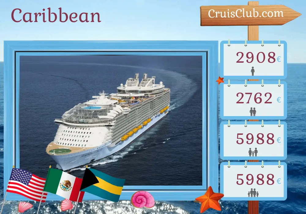 Cruise in the Caribbean from Galveston aboard Symphony of the Seas ship with visits to USA, Mexico, and Bahamas for 9 days