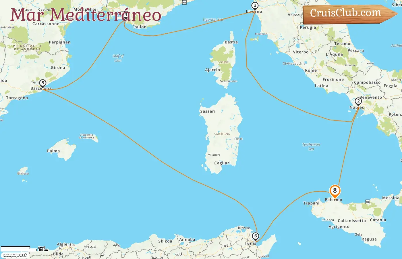 Crucero por el Mediterráneo desde Palermo a bordo del barco MSC Meraviglia con visitas a Italia, Francia, España y Túnez durante 8 días