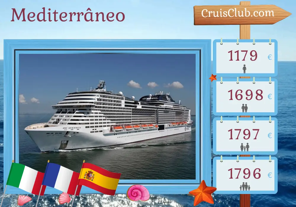 Cruzeiro no Mediterrâneo a partir de Palermo a bordo do navio MSC Meraviglia com visitas à Itália, França, Espanha e Tunísia por 8 dias