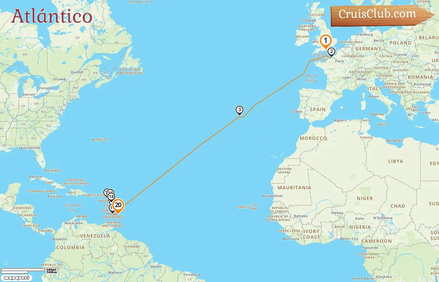 Crucero por el Atlántico desde Southampton a Bridgetown a bordo del barco MSC Virtuosa con visitas a Francia, Portugal, Barbados, Guadalupe y San Vicente y las Granadinas durante 20 días