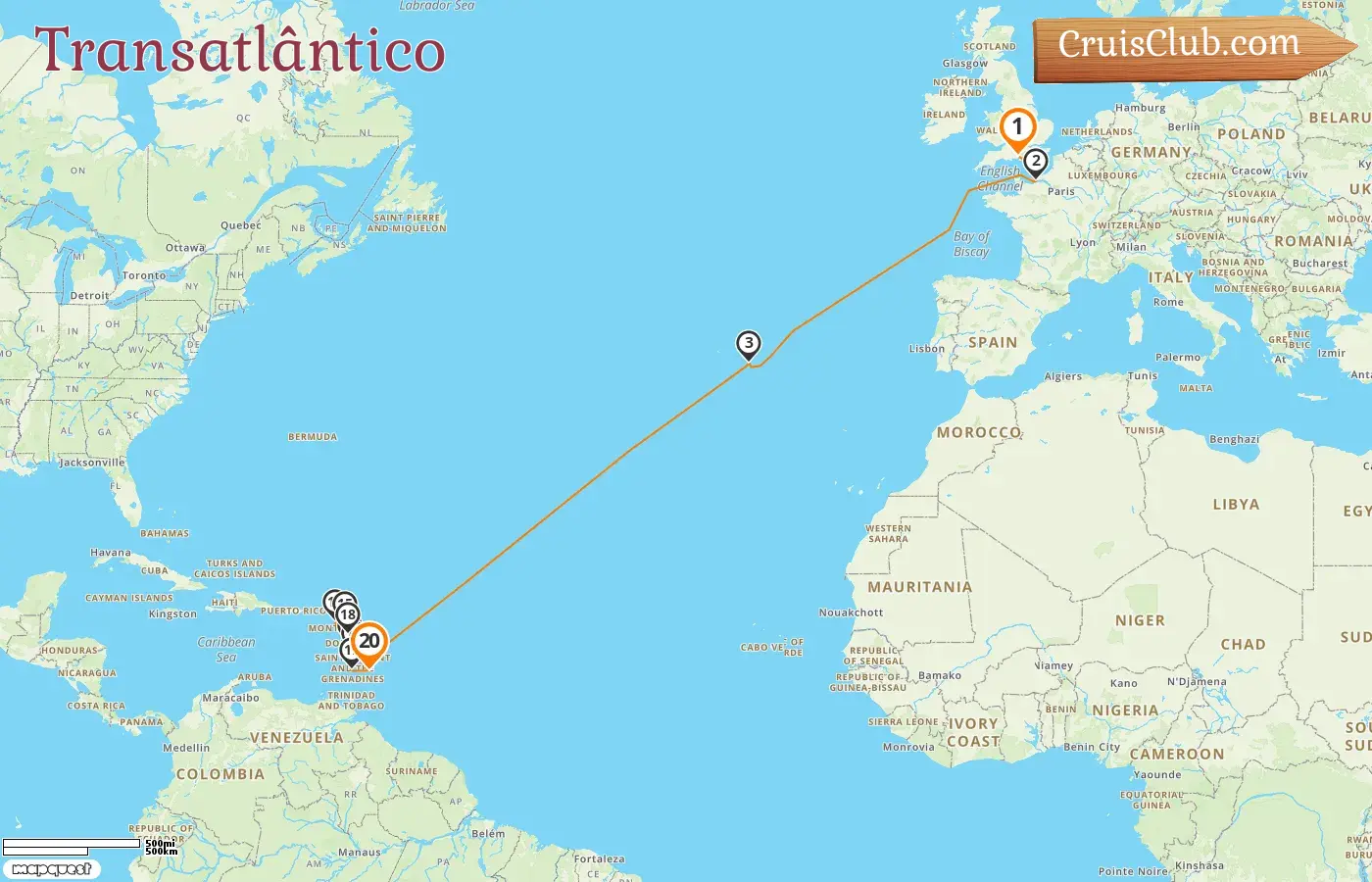 Cruzeiro no Transatlântico de Southampton para Bridgetown a bordo do navio MSC Virtuosa com visitas à França, Portugal, Barbados, Guadalupe e São Vicente e Granadinas por 20 dias